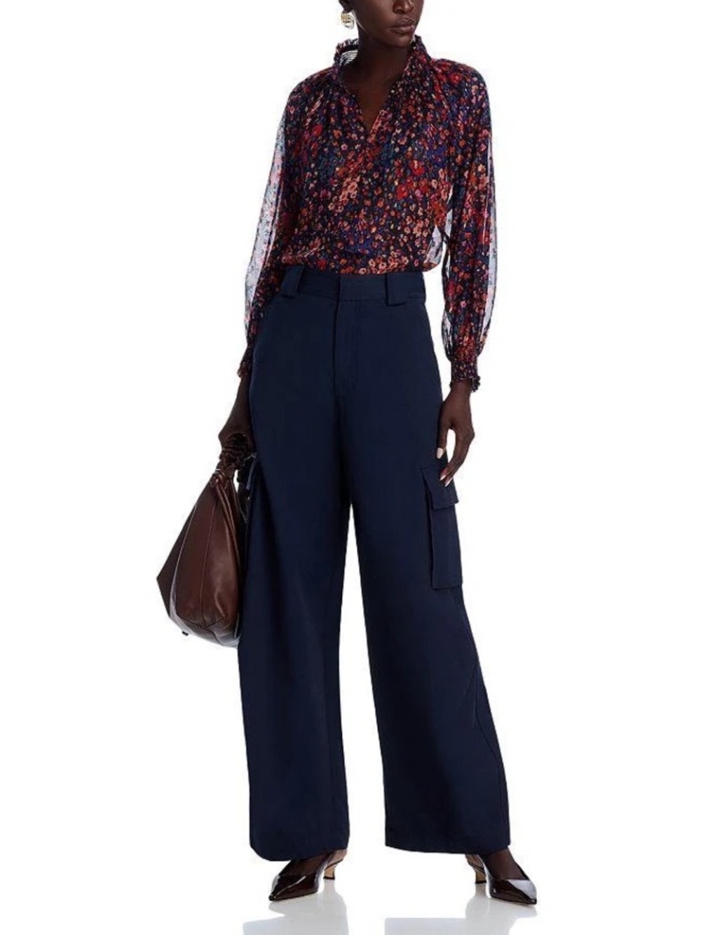 NWT AQUA Bloomingdale's Floral Smocked Blouse Sheer Boho Navy Resortwear Top S